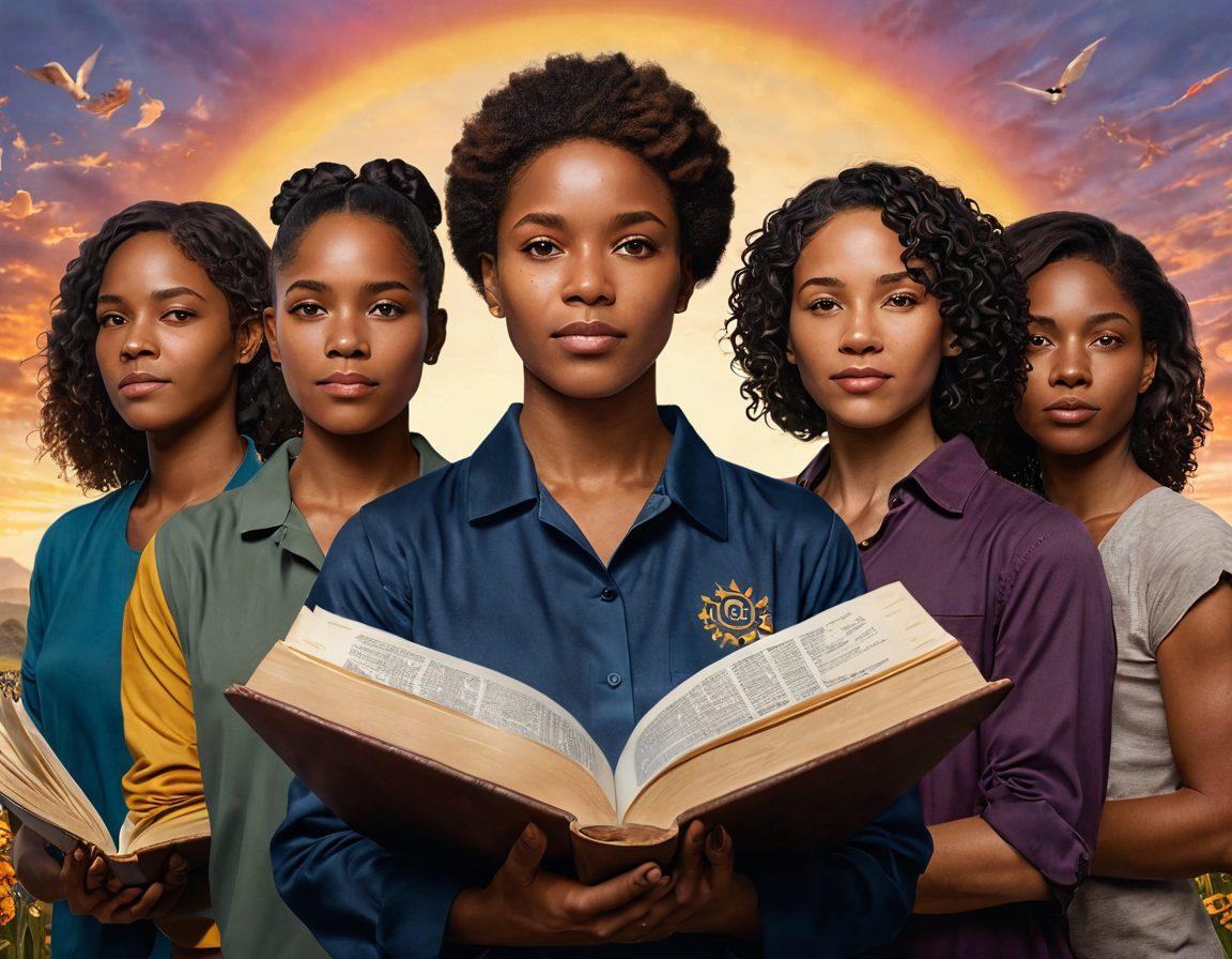 A powerful image depicting a diverse group of resilient individuals standing together, showcasing their strength and courage. In the background, subtle symbols of hope like a sunrise and blooming flowers can be seen. Incorporate elements of research, such as open books or scrolls floating around, signifying insights and knowledge. The vibe should be uplifting and inspirational, capturing the essence of survivorship. vibrant colors. super-realistic.